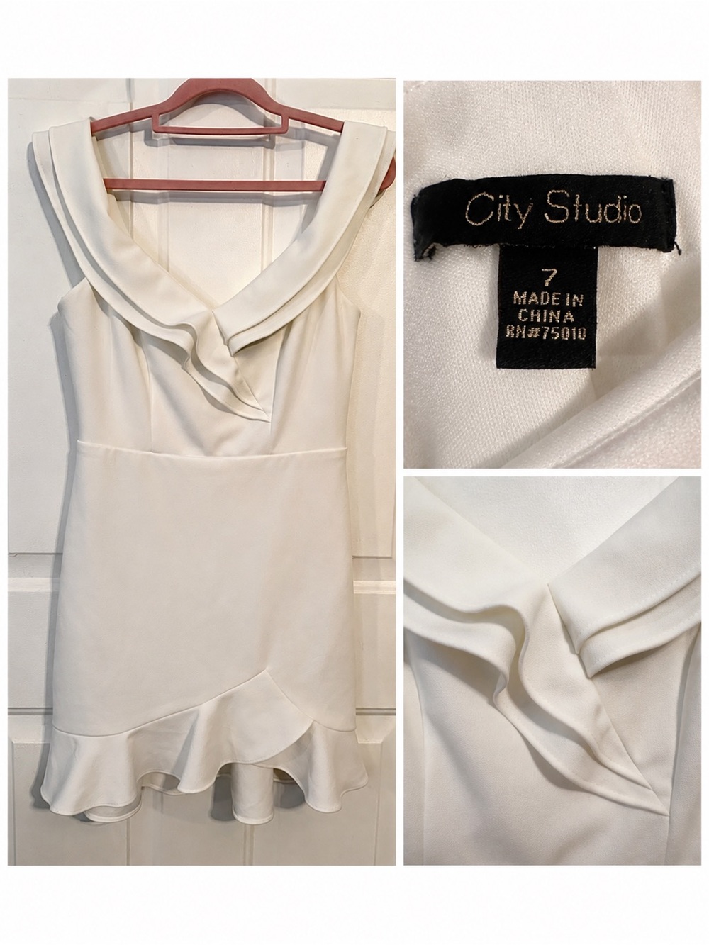 City Studio Size 7 White Ruffle Hem Sleeveless Collared Mini Dress